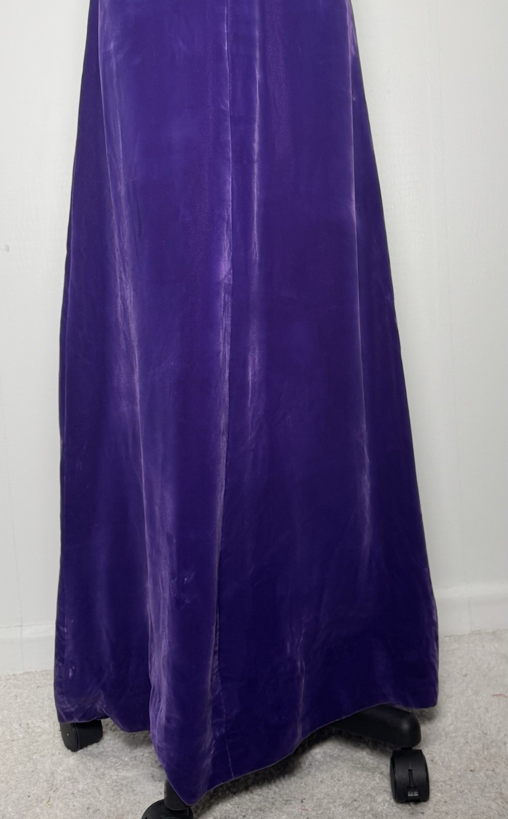Vintage Purple Velvet Hostess Gown Silver Trim Maxi Caftan Stage Dress