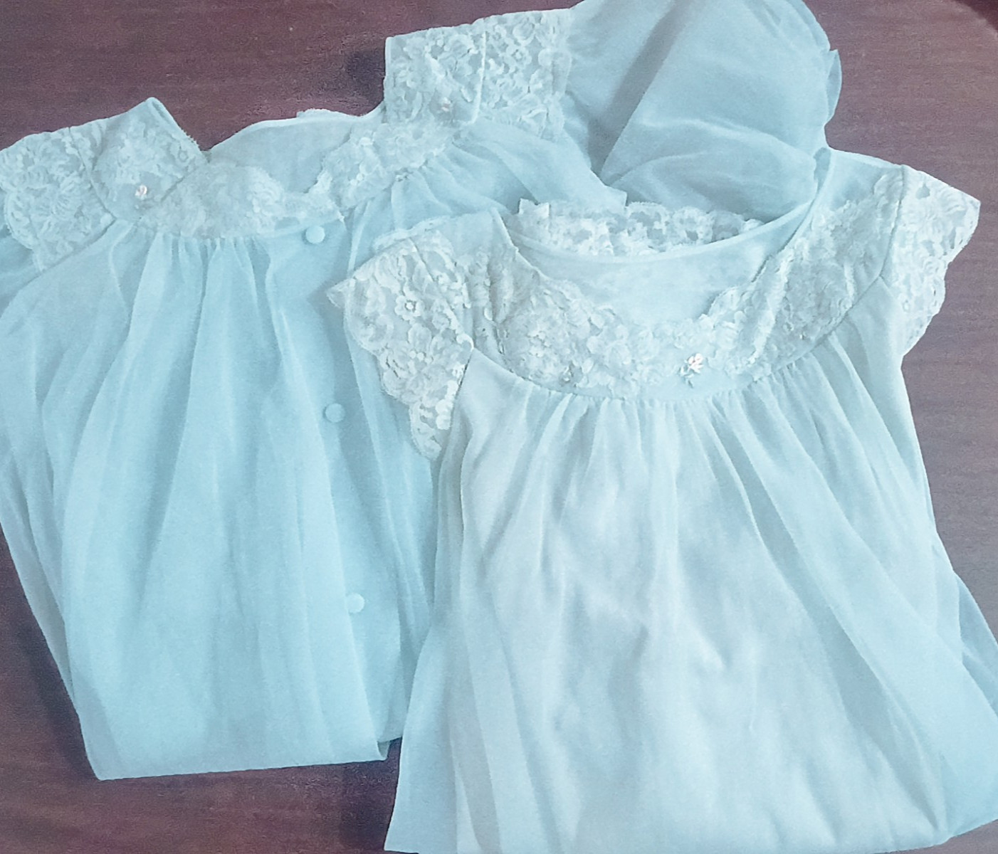 Shadowline Petite Light Blue Nylon Lace Vintage Robe & Nightgown Peignoir Set
