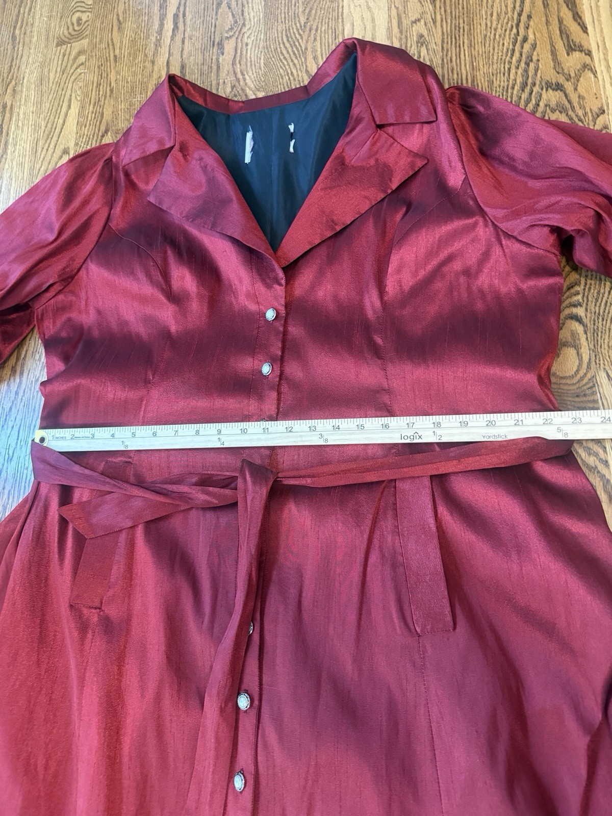 Vintage Wine Buttoned & Belted Portrait-Collar Taffeta Hi Low Dress Sz 2X