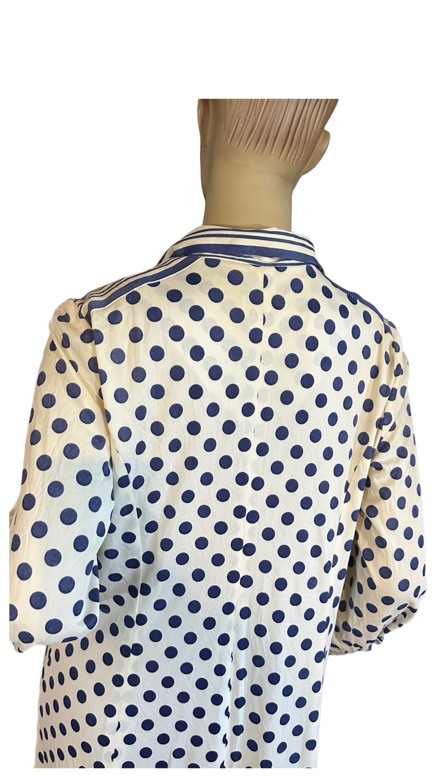 VINTAGE 1980&rsquo;S ARNEL BLUE & WHITE STRIPED & POLK A DOT PRINT SHIRT DRESS SIZE L
