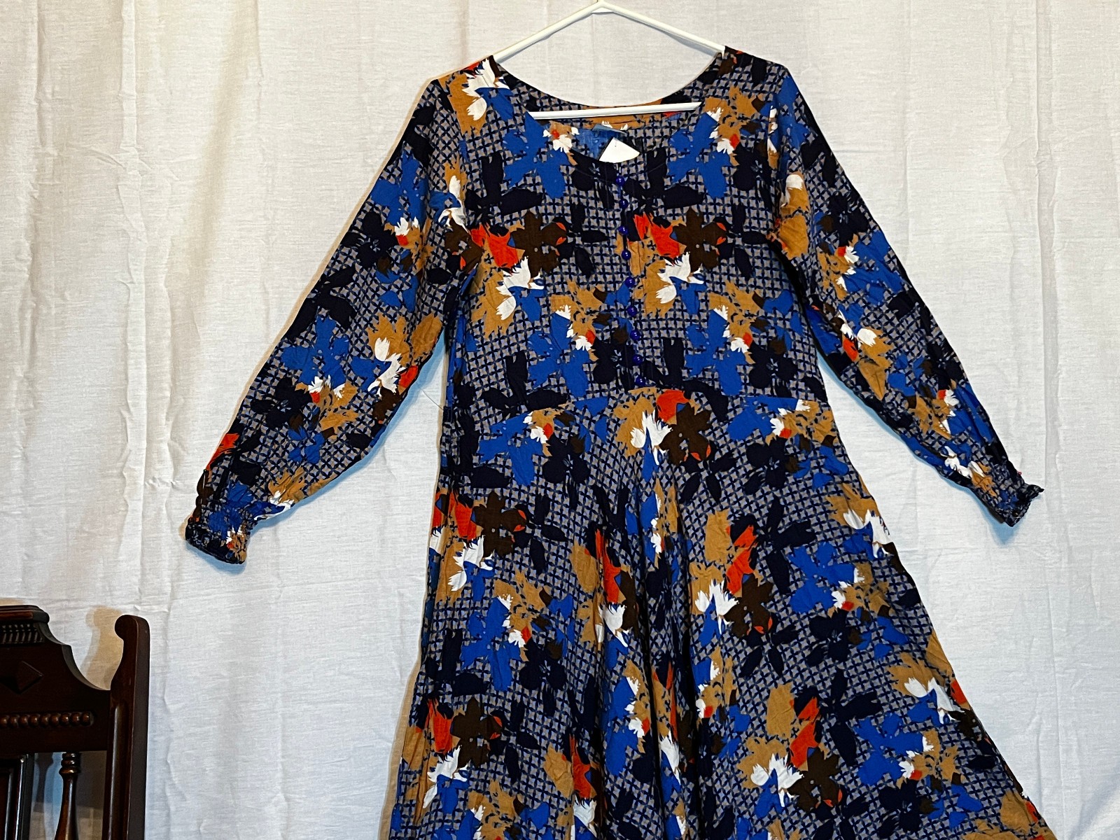 Vintage 90s Chandni Vibrant Dress with Flared Skirt, Long Sleeves S
