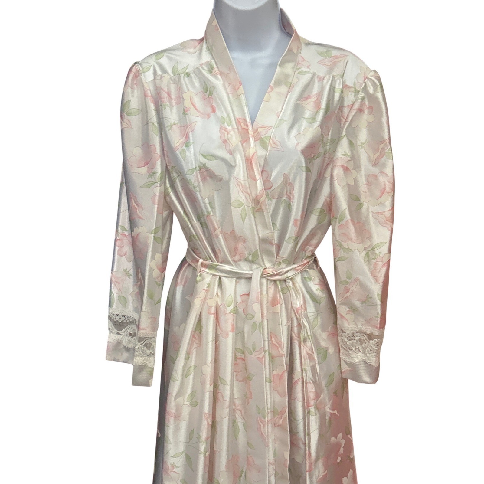 Vintage NWOT Lorraine Floral Robe Coquette Cottagecore Romantic Lace Trim Wrap