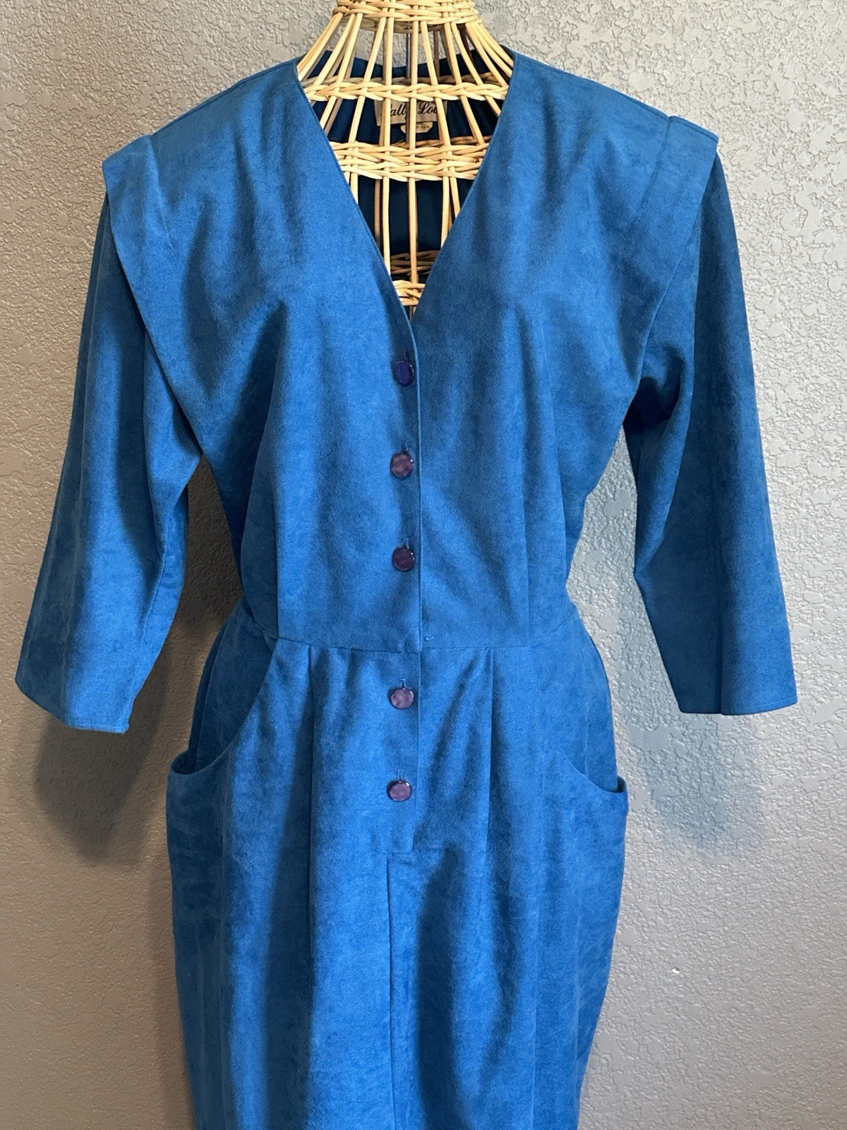 Vintage 80s Blue Button Up Fitted Dress Sz 14 Secretary Lightweight USA Office