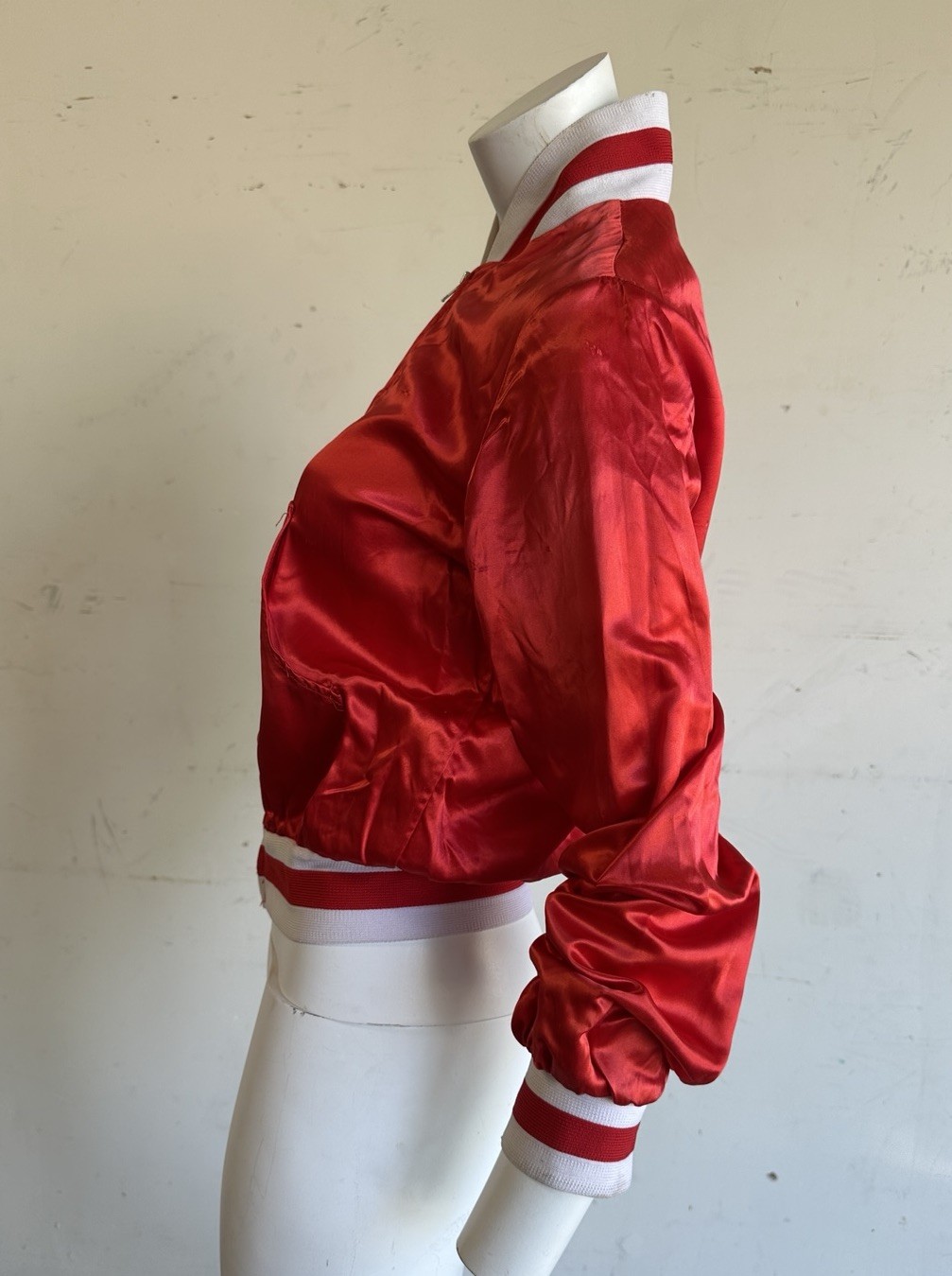 Vintage 70s Red Satin Bomber Jacket Roller Girl Farrah Fawcett Disco 1970s