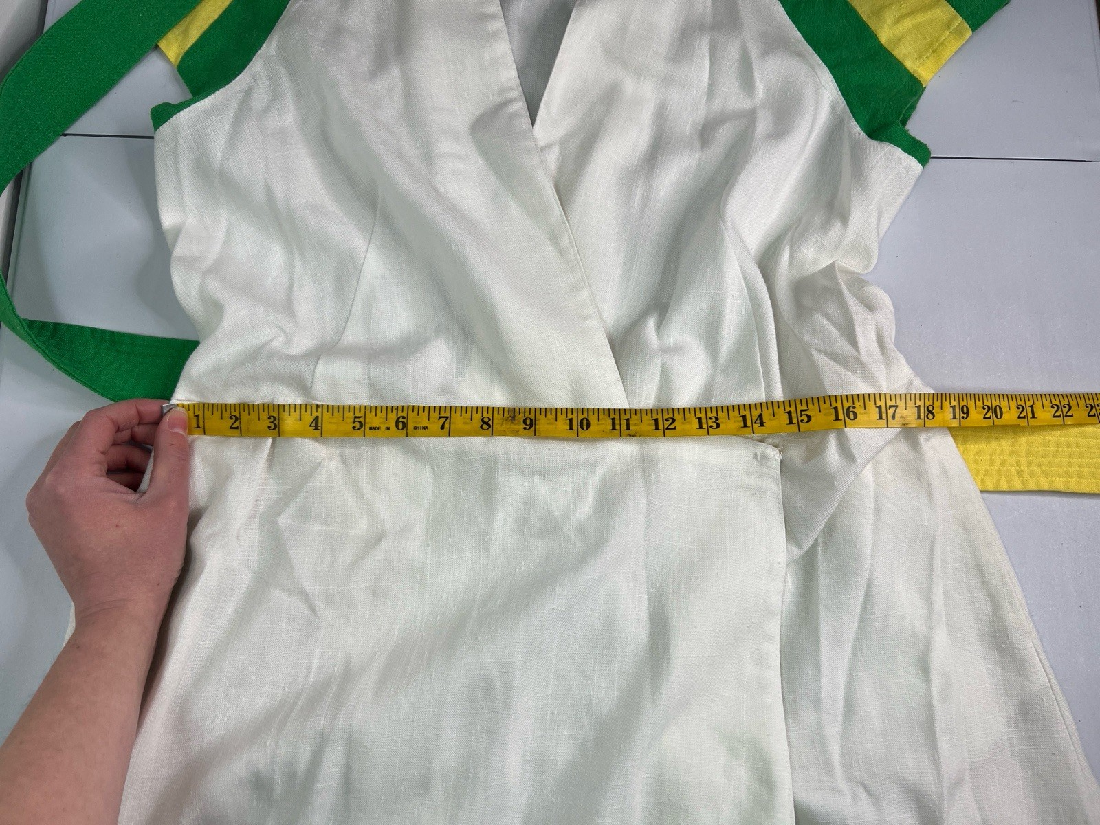 Vintage 60’s White Wrap Dress Green Yellow Striped Sleeves Belted Tag Sz 18
