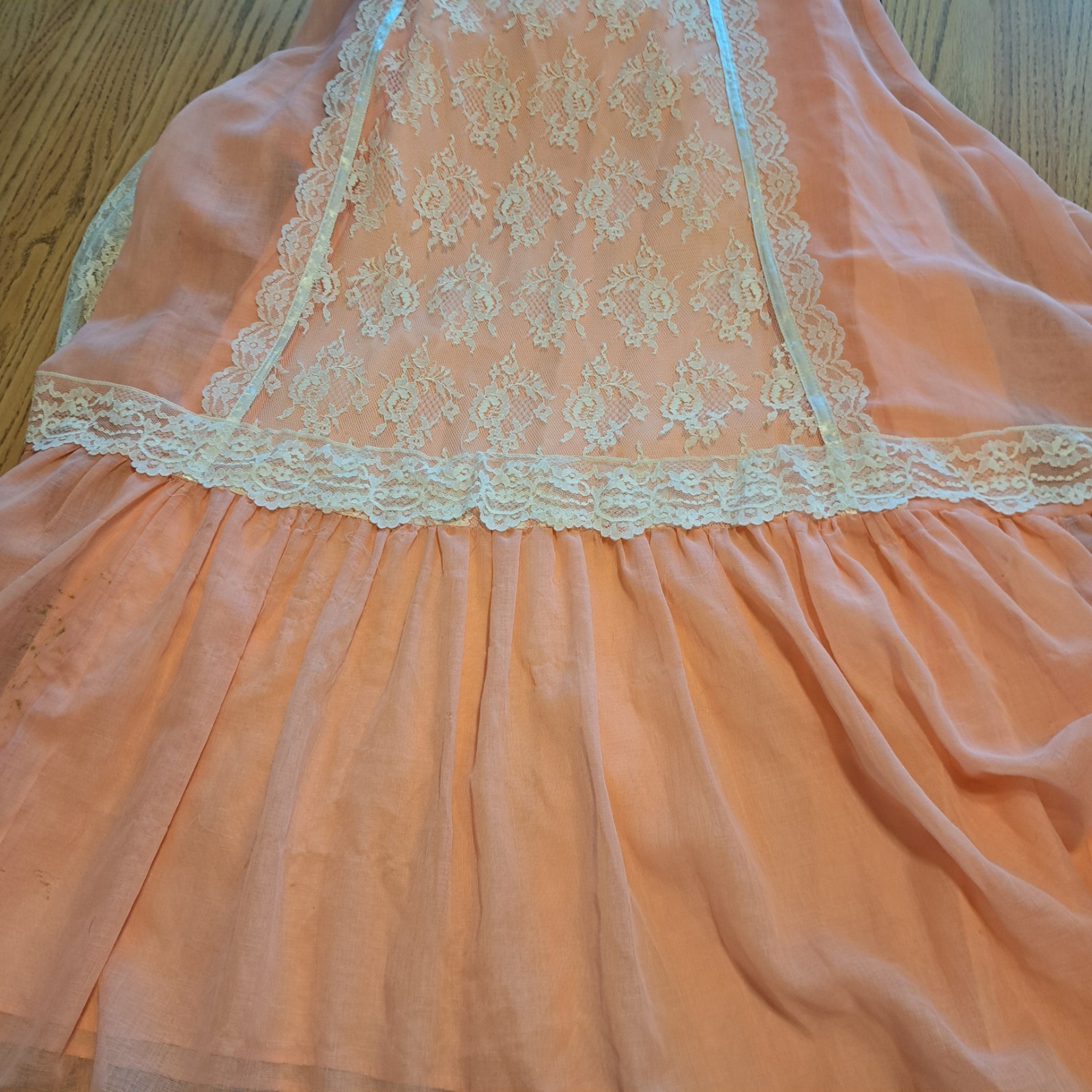 Vtg 70s Peach Chiffon Lace Prairie Granny Victorian Prom Maxi Gown Sz 7/8 Flaws