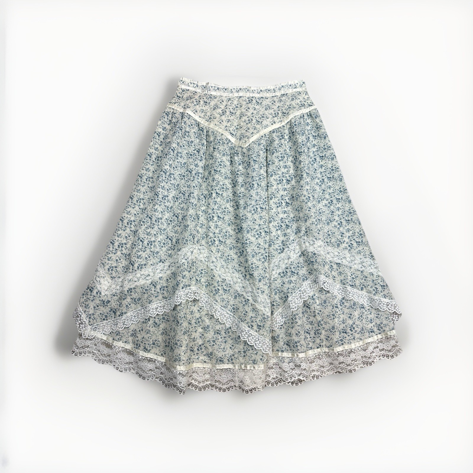 Vtg 70s Jessica’s Gunnies Skirt Sz 13 Gunne Sax Blue Calico Floral Lace Prairie