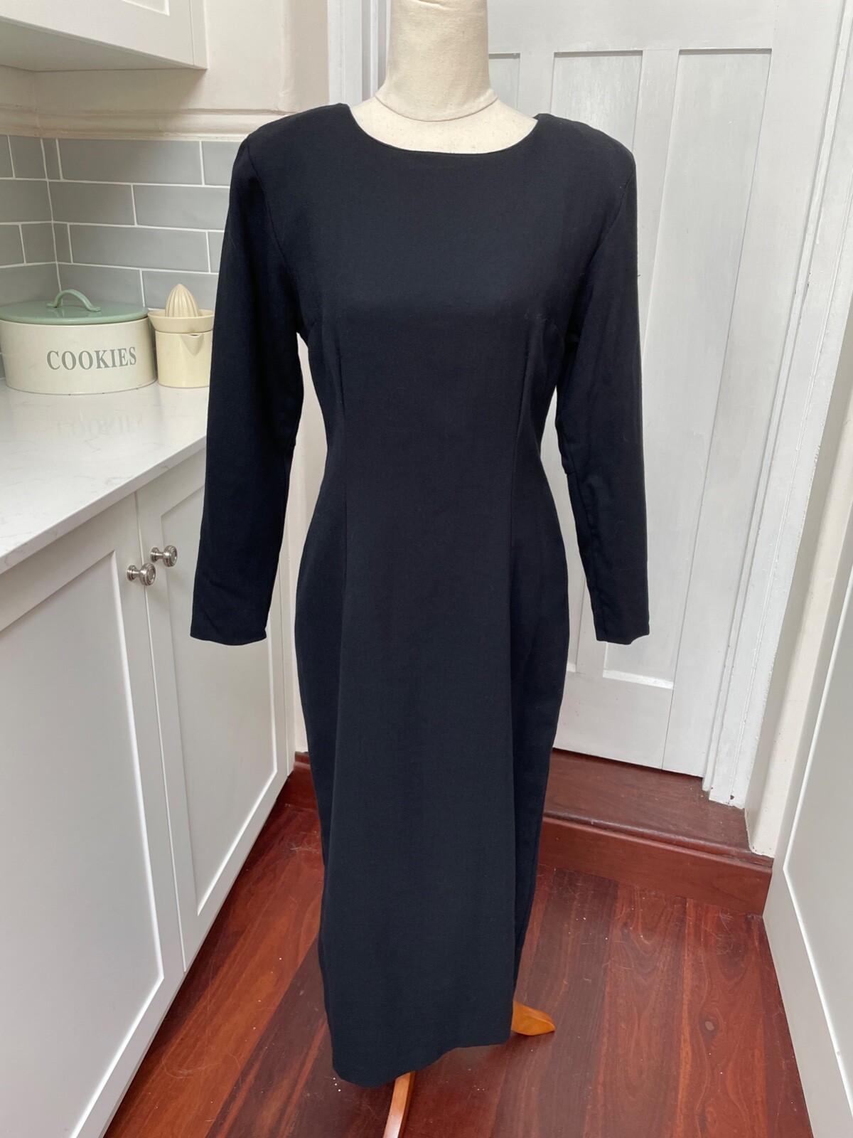 Vintage Judy Anne (Cullinan) Black Pure Wool Maxi Dress Long Sleeves S10