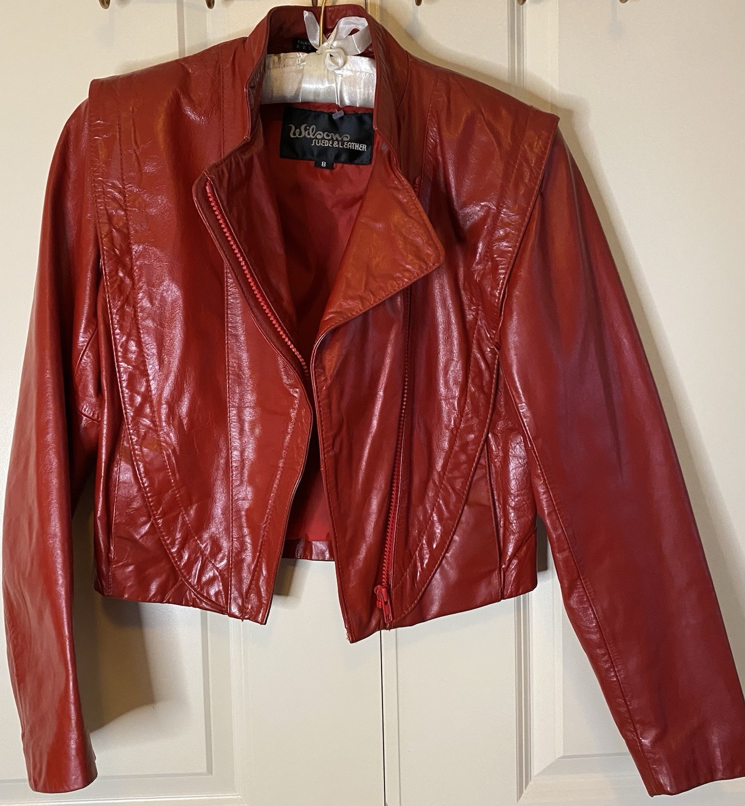 Vintage Wilson’s Bold Red Leather Cropped Biker Moto 80s Jacket Asymmetrical