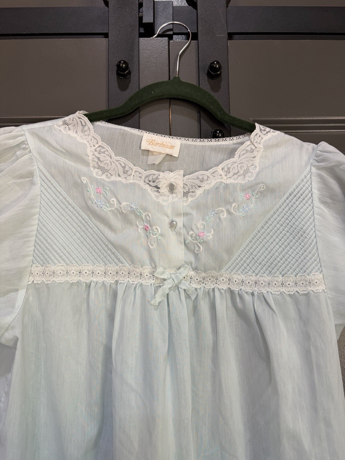 Barbizon Vintage Cottagecore Light Blue Lacey Embroidered Button Front Nightgown