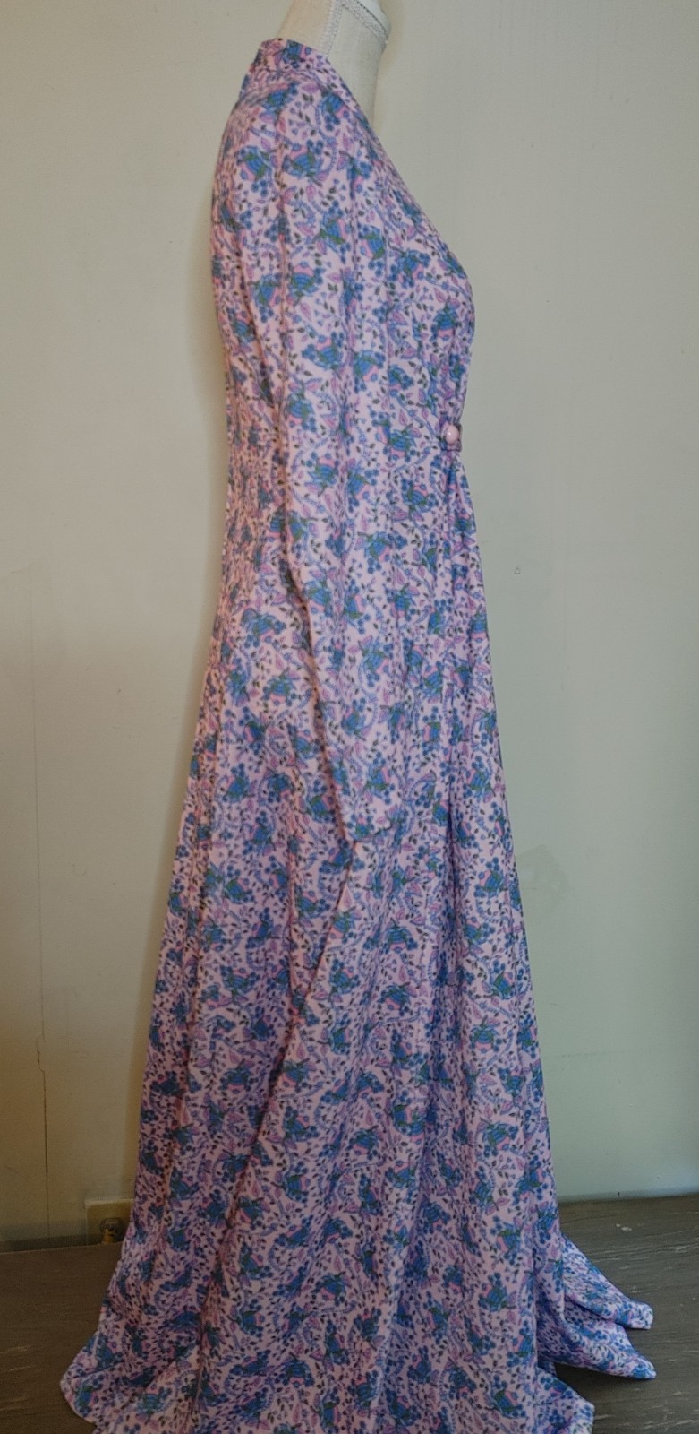 Vintage 70s Handmade Polyester Hostess Gown Pink Maxi Dress Prairie Cottagecore