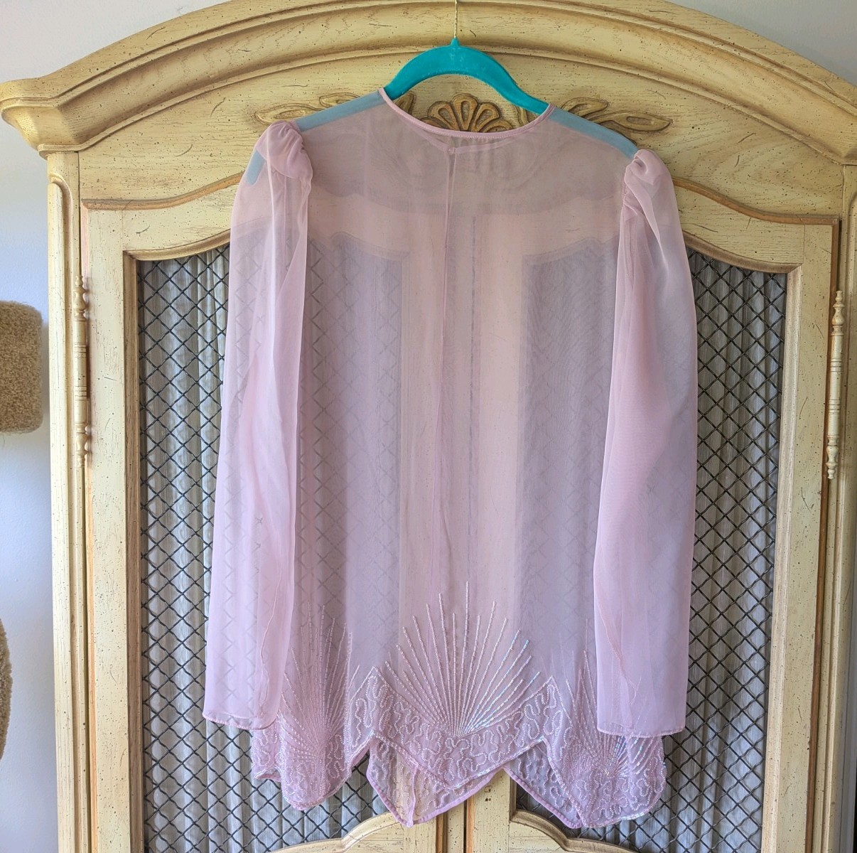 Vintage 1980s Sheer Peach Pink Silk Chiffon Beaded Blouse Small / Med 3/4 Sleeve