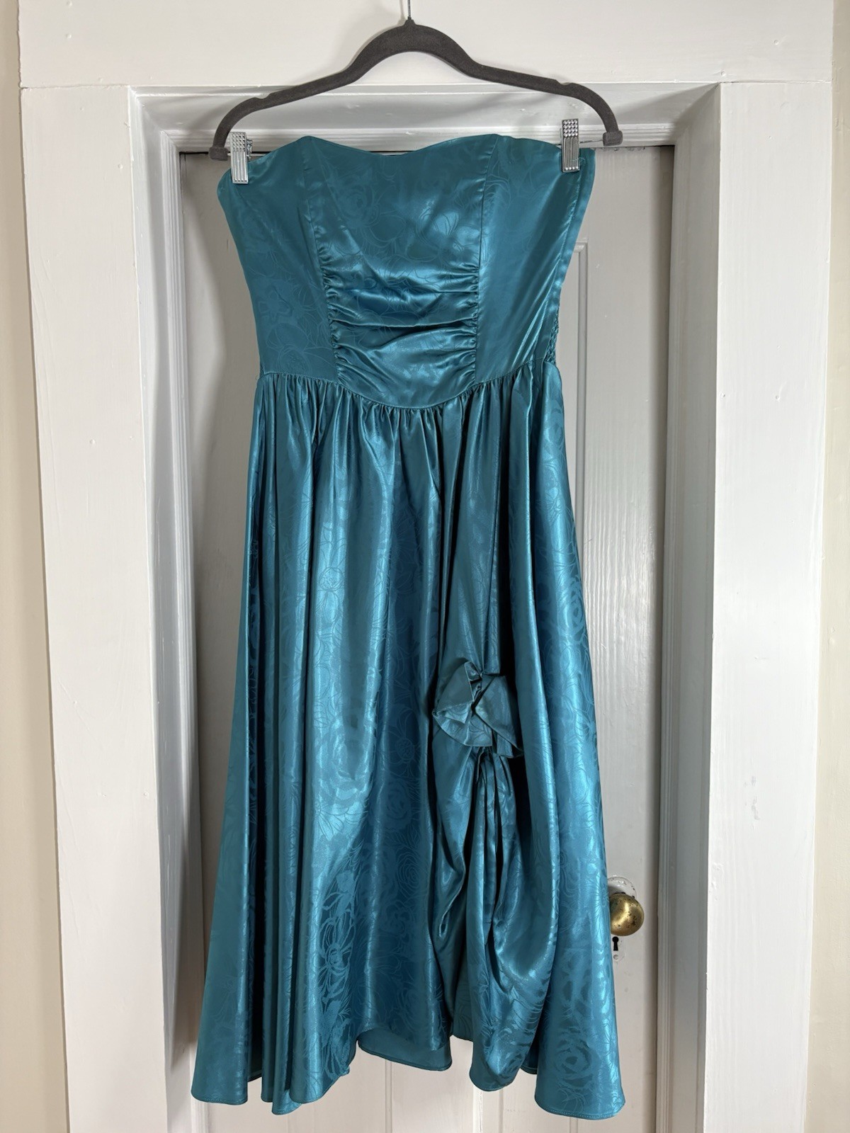 VTG 80s Studio E Teal Floral Brocade Prom Party Dress Strapless Ruched Maxi L