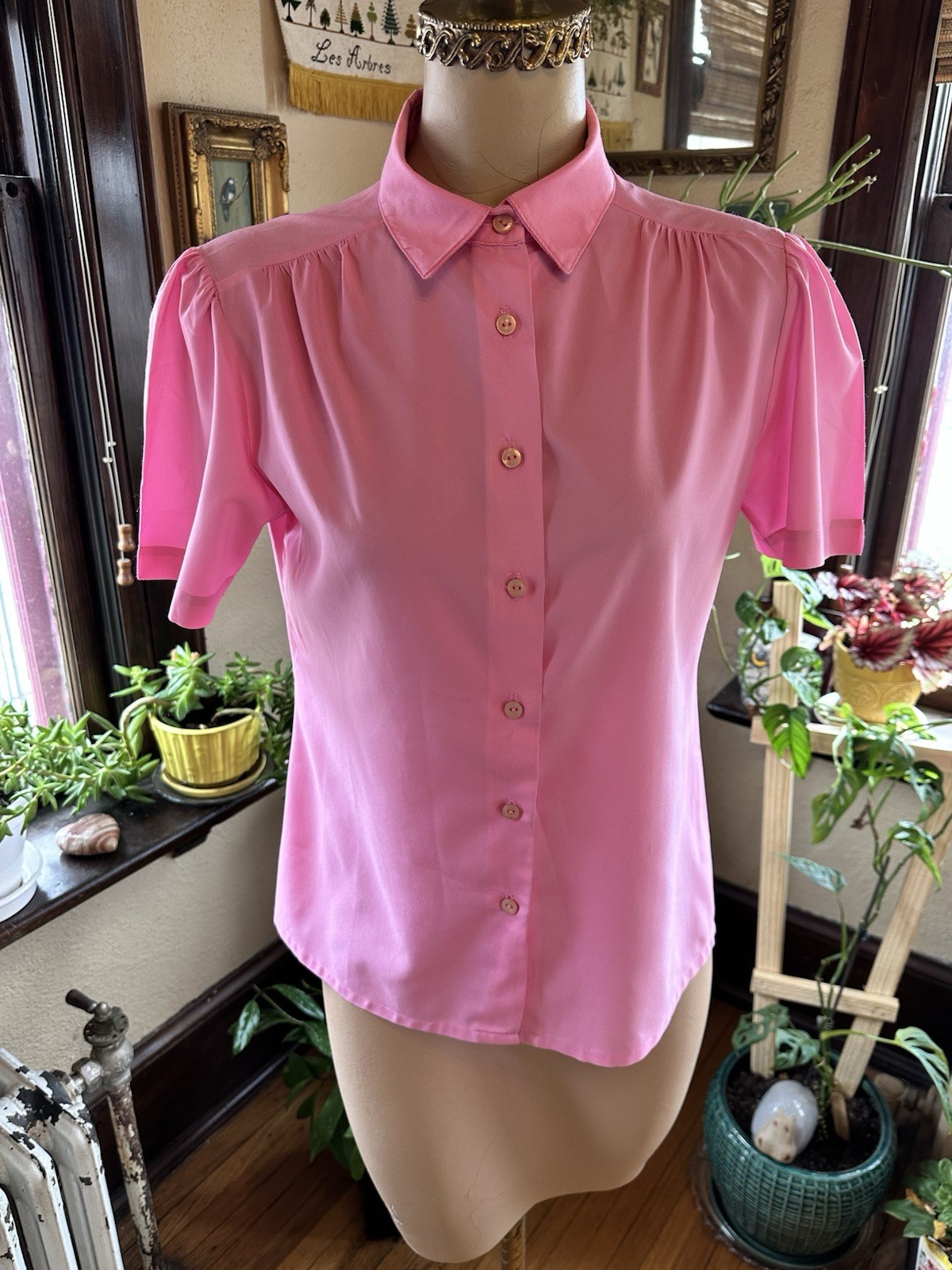 Vintage 60’s Judy Bond Petites Button Up Blouse Bubblegum Pink Size 8