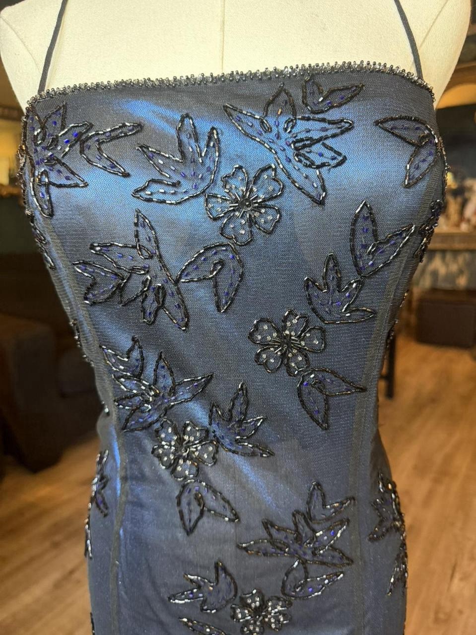 Vintage Black Beaded Mesh Overlay Evening Gown | Metallic Blue | Y2K Formal