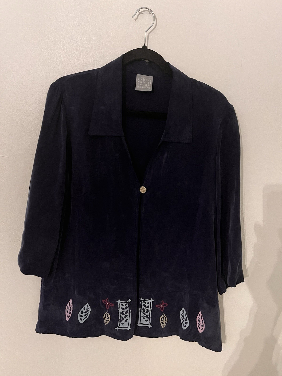 Vintage Rabbit Rabbit Designs Rayon Embroidered Jacket Blouse Navy Boho USA