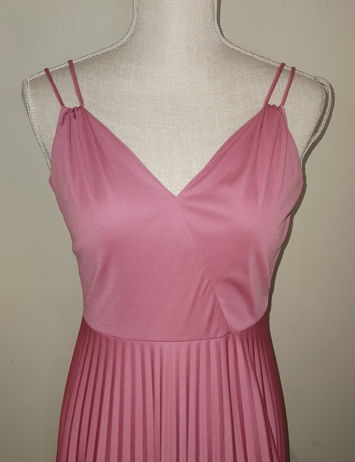 Vintage 70s Disco Dress Pink Rose Pleated Maxi Formal Bridesmaid Clark Zipper