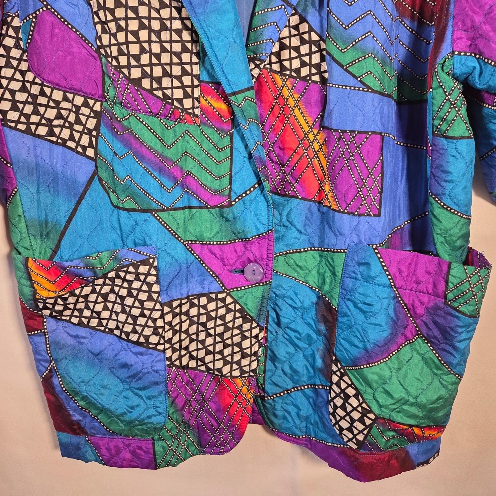 Neiman Marcus Vintage 80s 100% Silk Quilted Jacket Art To Wear Color block Retro