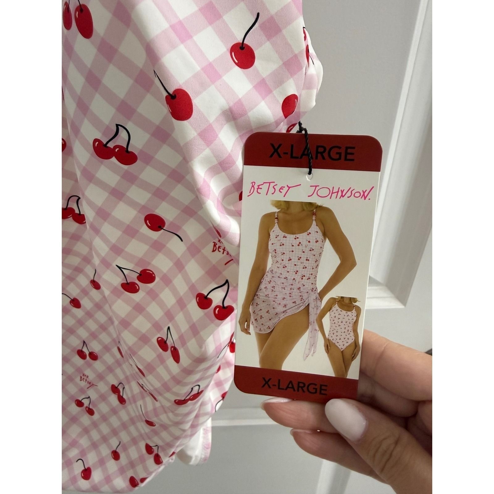 Betsey Johnson Pink Gingham Cherry Print One Piece Swimsuit Beaded Straps XL NEW