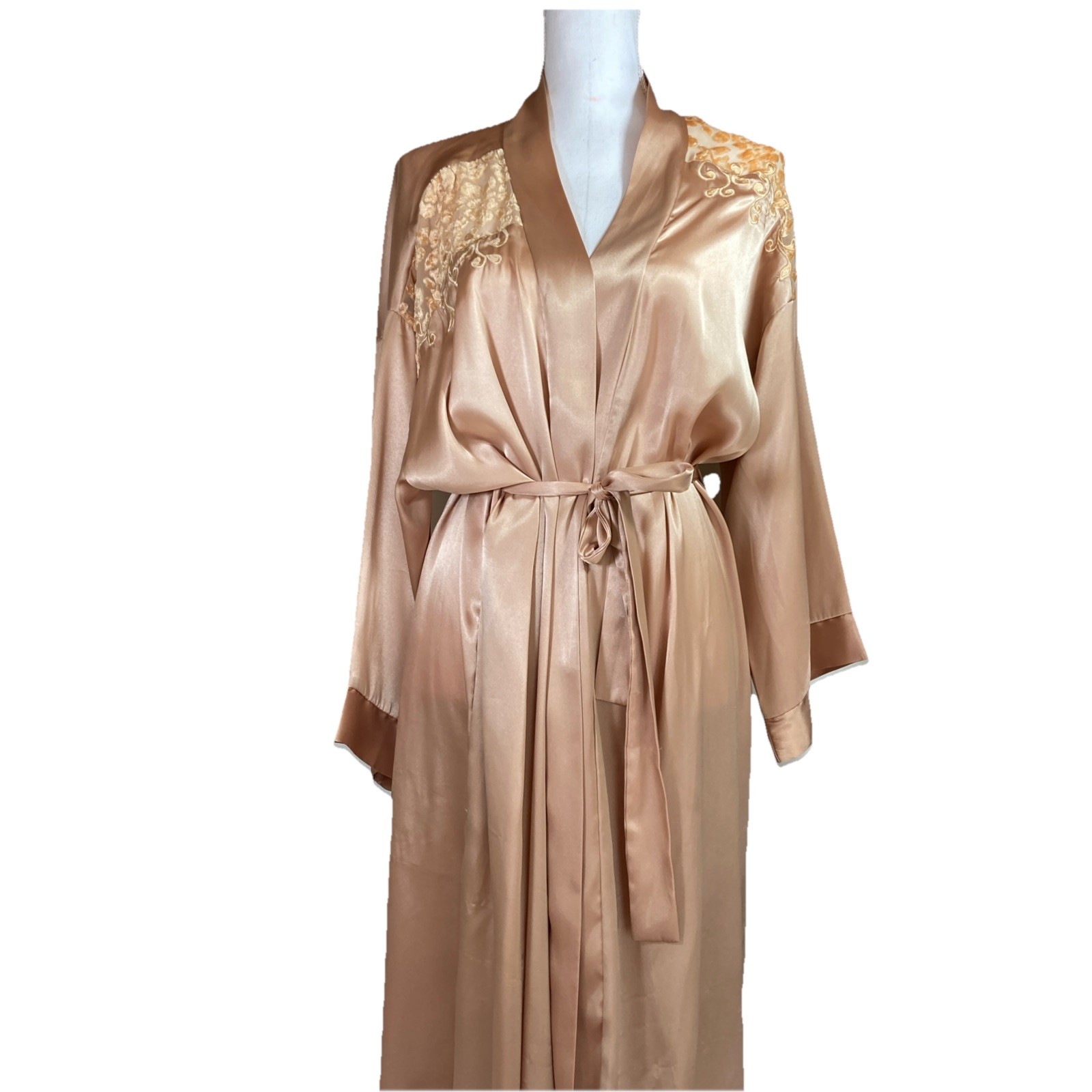 VTG LA Intimates Satin Robe Hollywood Glamour Belted Burn Out Sz XL Gold