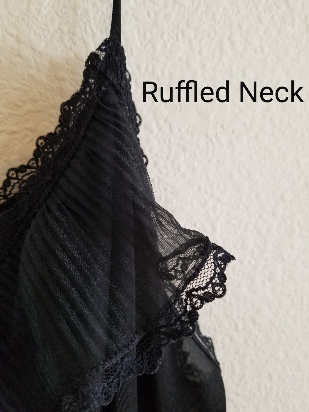 Sears 1980s Nightie Slip Black Ruffled Trim Lingerie Nightgown Medium 12-14 VTG
