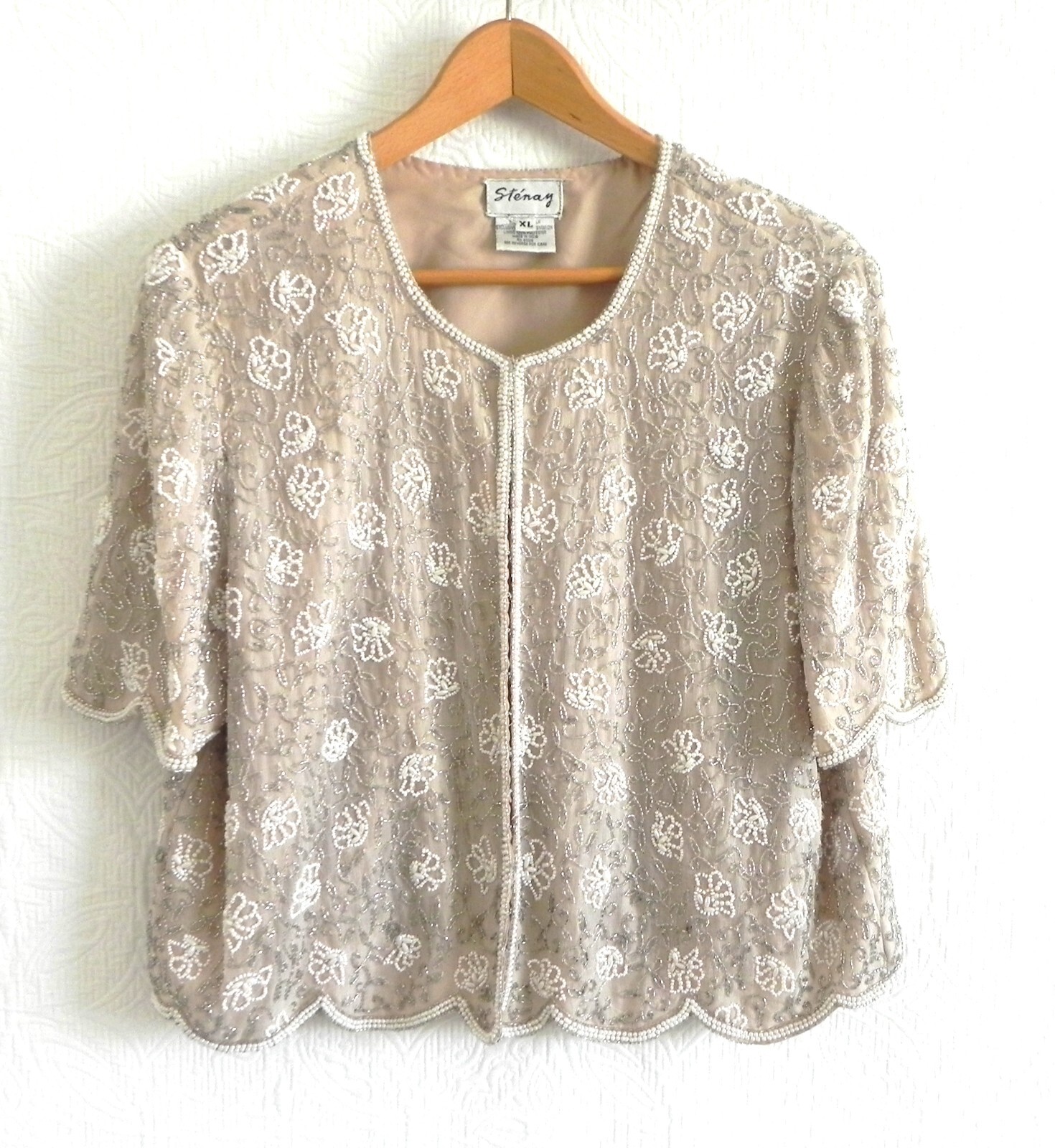 Vtg Stenay Bolero or Top Silk Lined Fully Beading Hook/Loop Light Peach Size XL