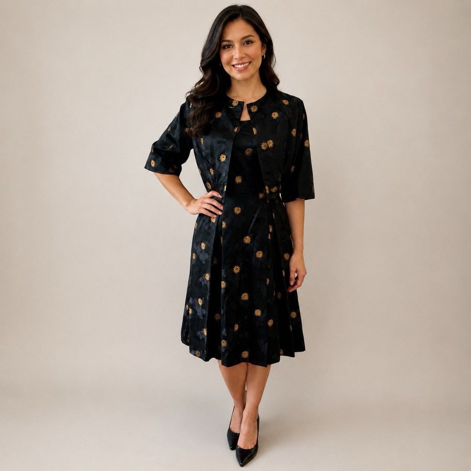 Vintage 1950’s Hand Made Brocade Dress & Jacket Set Black & Metallic Gold Size S