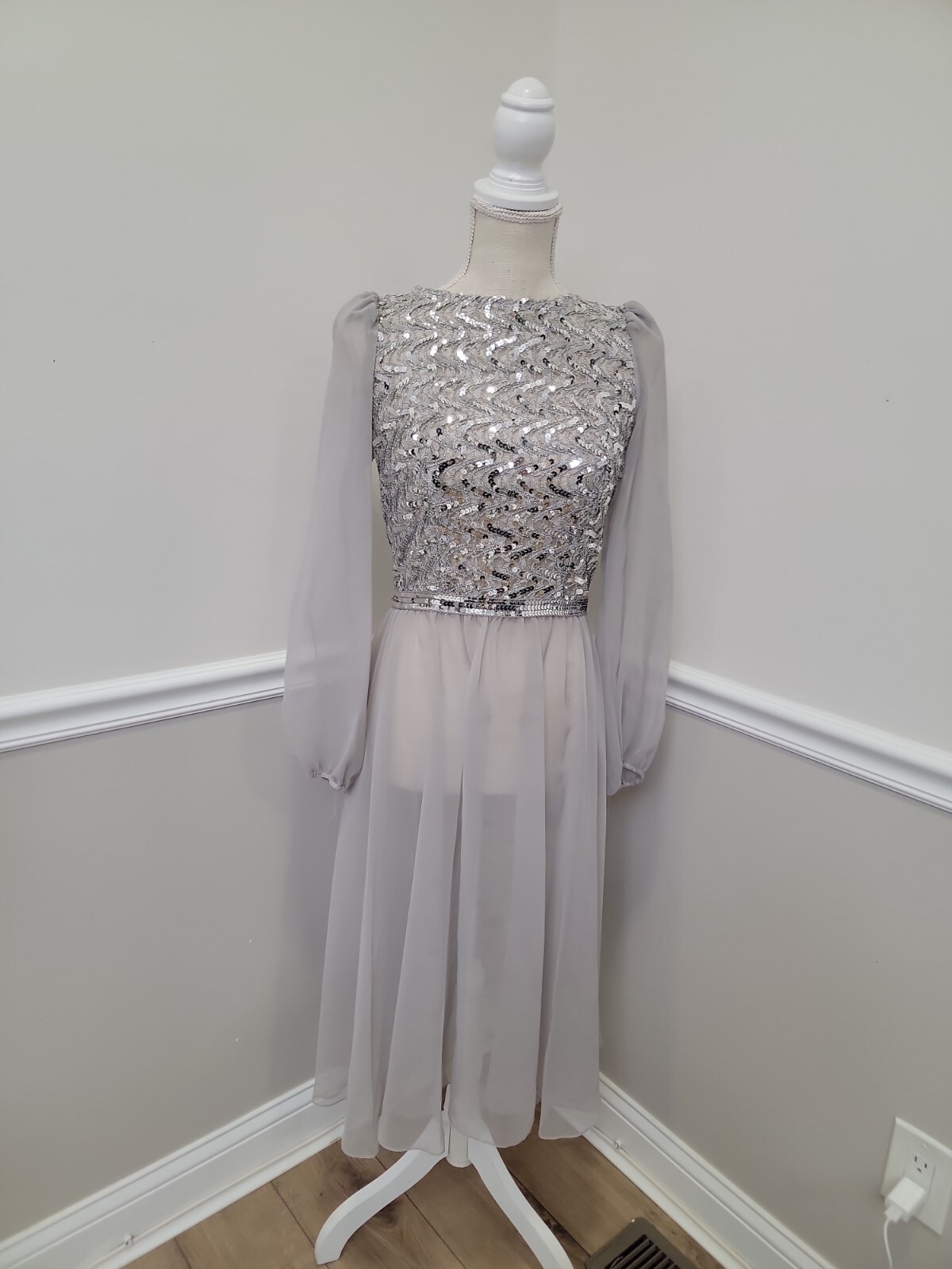 Vintage Gray Chiffon Sheer Dress/Silver Sequins Stretch Corset Dress