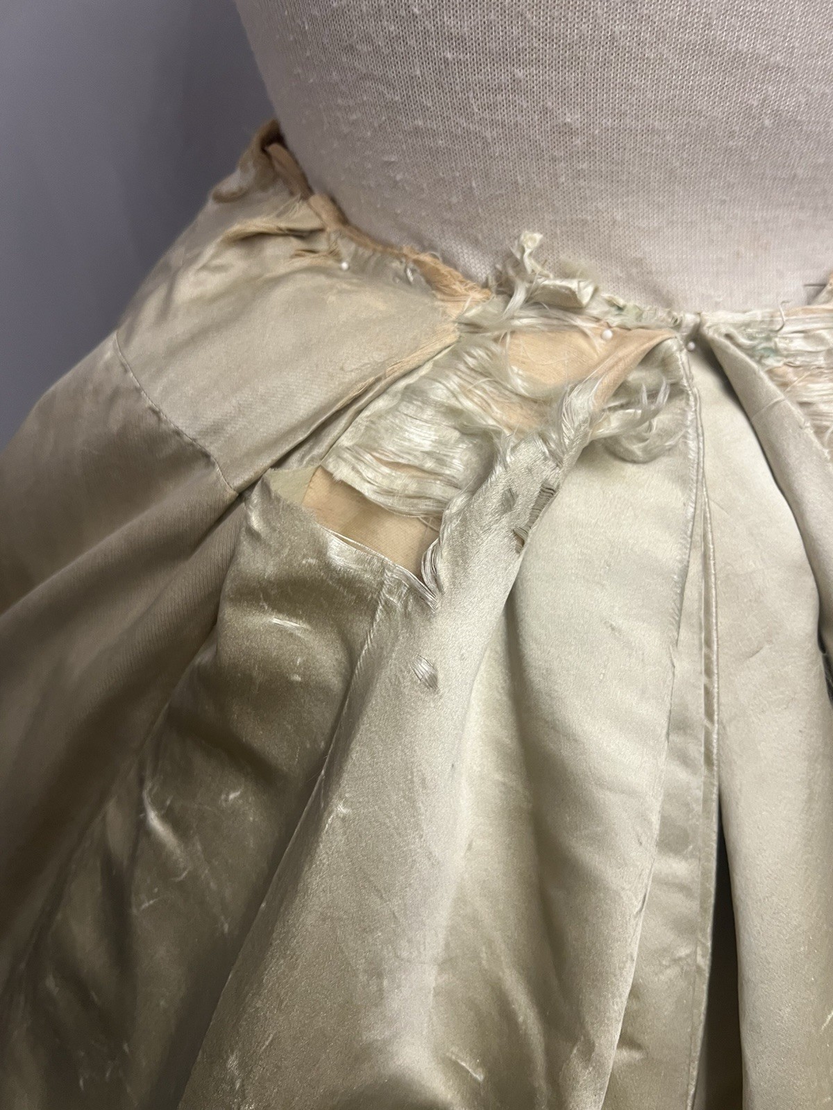 1880’s Light Celery Green Silk Bustle Skirt – Heavy Embroidered & Beaded Florals