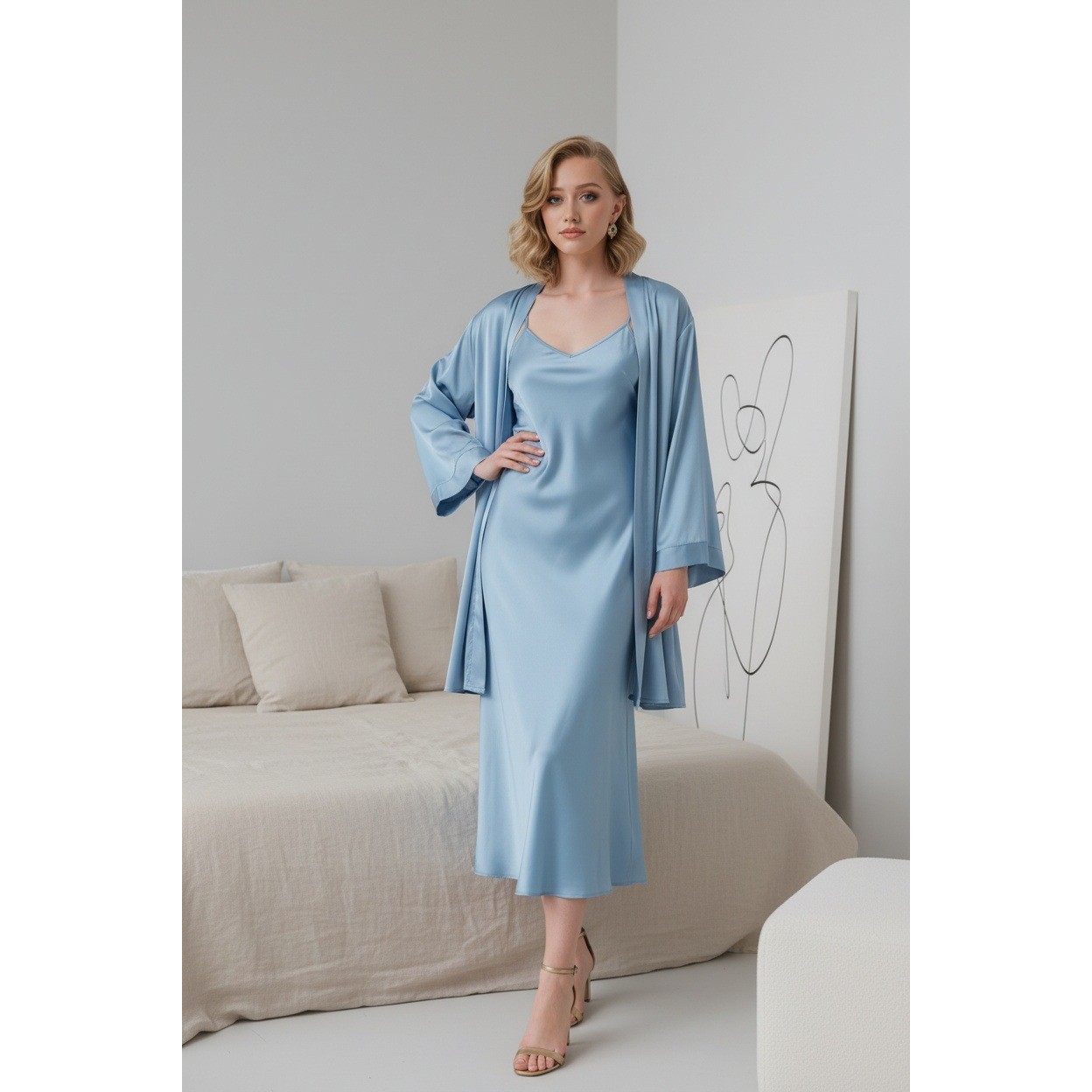 Lily Of France M Vintage 60&rsquo;s Long Nightgown Robe Blue Set Union Made USA Lace