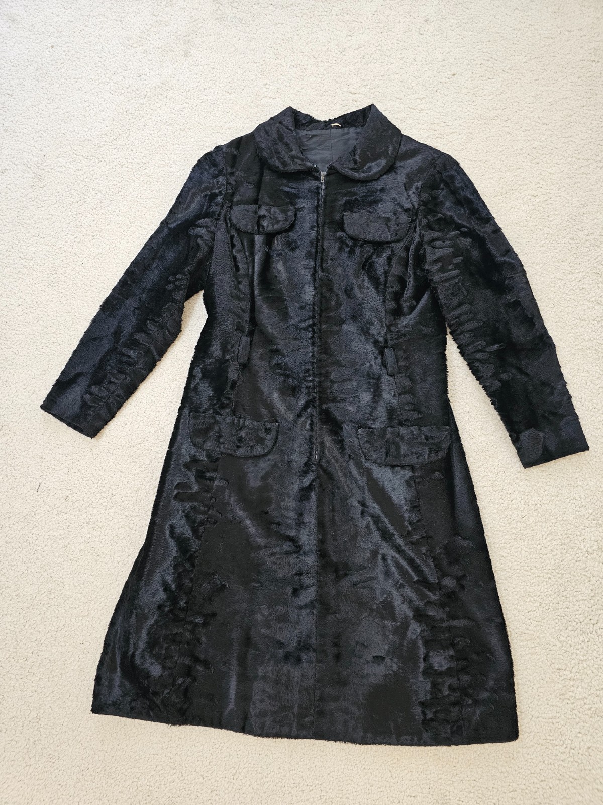 VTG 1960s Adele Simpson Womens Black Crushed Velvet Half Zip Coat Dress Sz. M