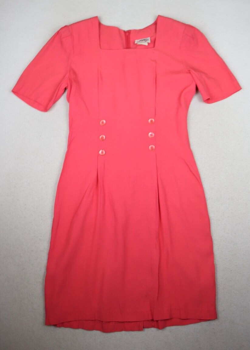 VINTAGE 80s 90s WOMEN&rsquo;S CORAL SALMON SHORT SLEEVE SHEATH DRESS – SYCAMORE – 7/8