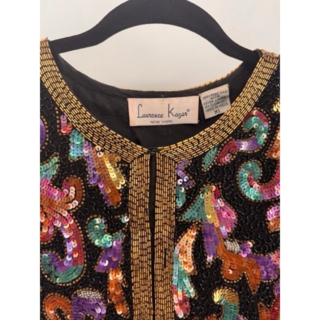 Vintage Laurence Kazar Black Multicolor Sequin Beaded Silk Jacket Glam Art Deco