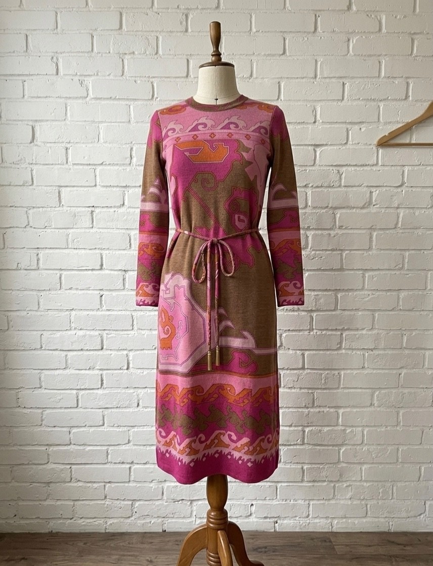 Leonard Paris Vintage 100% Wool Dress 70s 80s Print Belt FR42 US10
