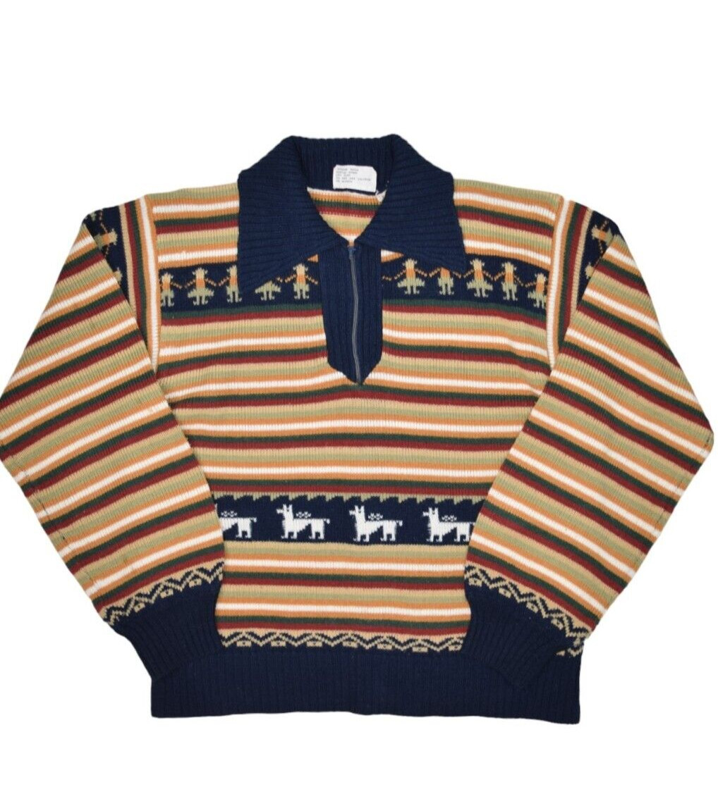 Vintage Sweater Womens Large Peru Alpaca Print 1/4 Zip Collared Pullover Inca