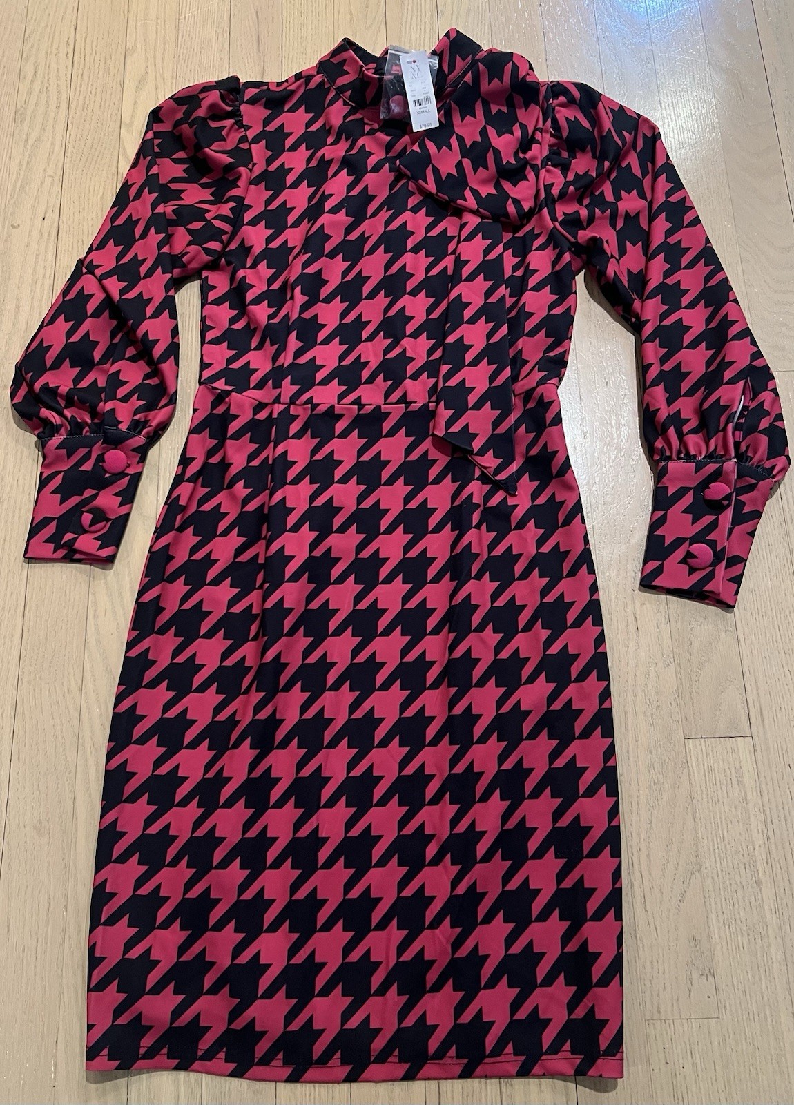 VTG NWT 80/90s Shaping Dress Shoulder Bow Geo Print Dark Pink/ Blk Cute! Sz XS