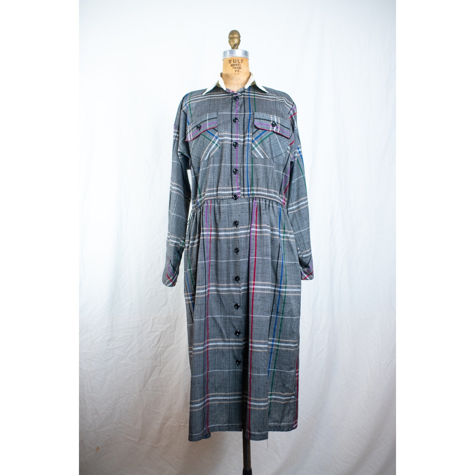 Vintage 90s Gray Plaid Midi Shirt Dress, Collared Long Sleeved, Academia, MED/LG