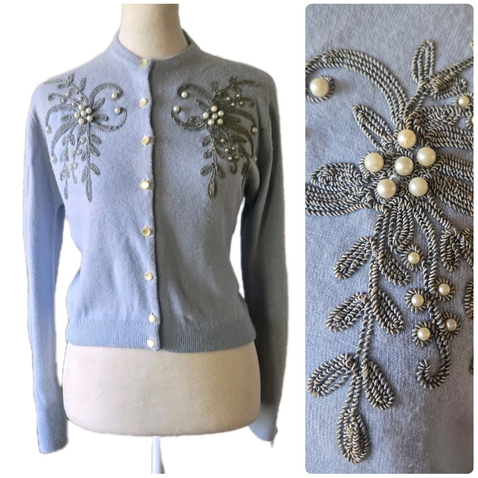 Vtg 50s 60s Pearl Embellished Cotton Cardigan Sweater, S, Union