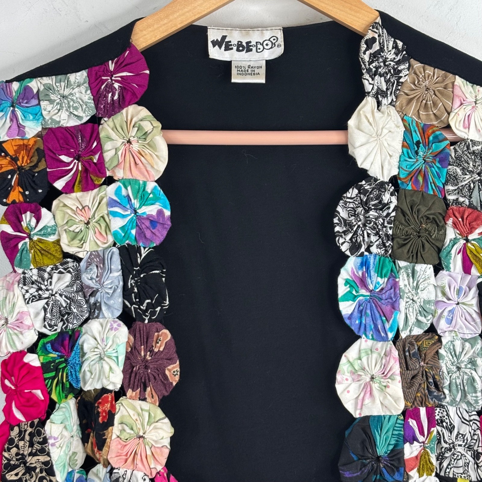 VTG 90s Patchwork Vest L Multicolor Rosette Boho Whimsigoth Eclectic Art Granny