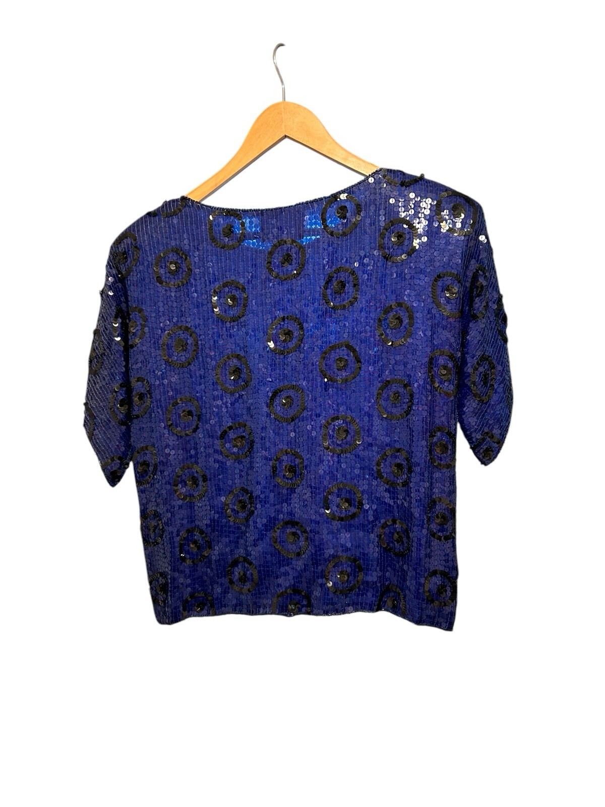 Vtg JLB Sequin Silk Evening Blouse Sz M Royal Blue Short Sleeve Geometric Funky