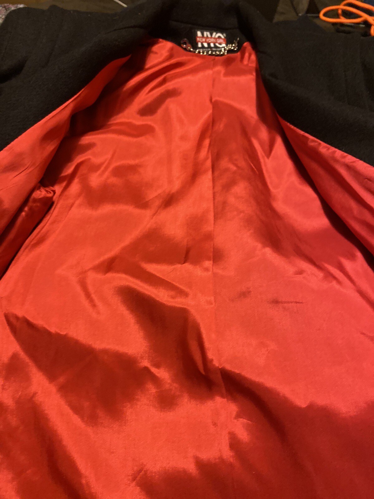 Solid Wool Coat New York Girl Black With Red Lining USA Union Made Vintage Sz 8