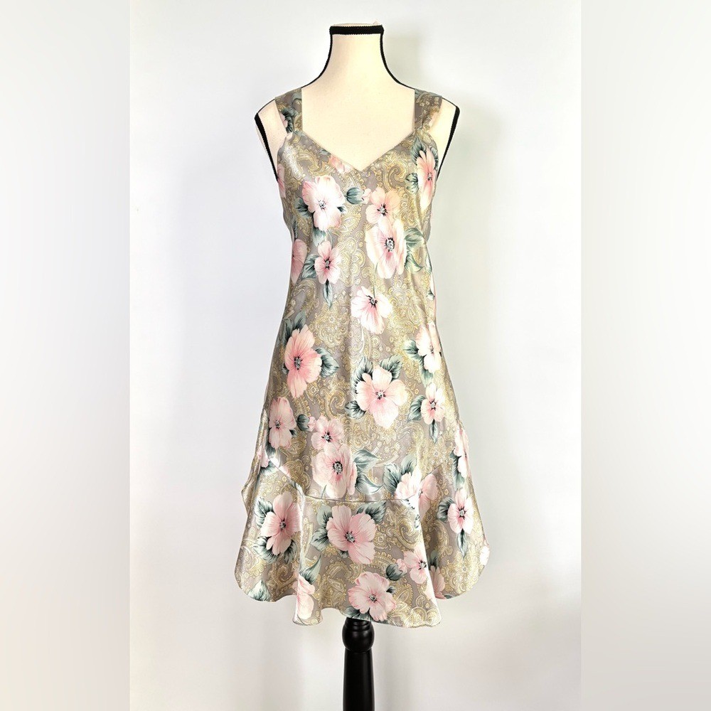 Vintage Satin Chemise Slip Dress 80&rsquo;s Coquette Ruffle Floral Pinup Girl Glam