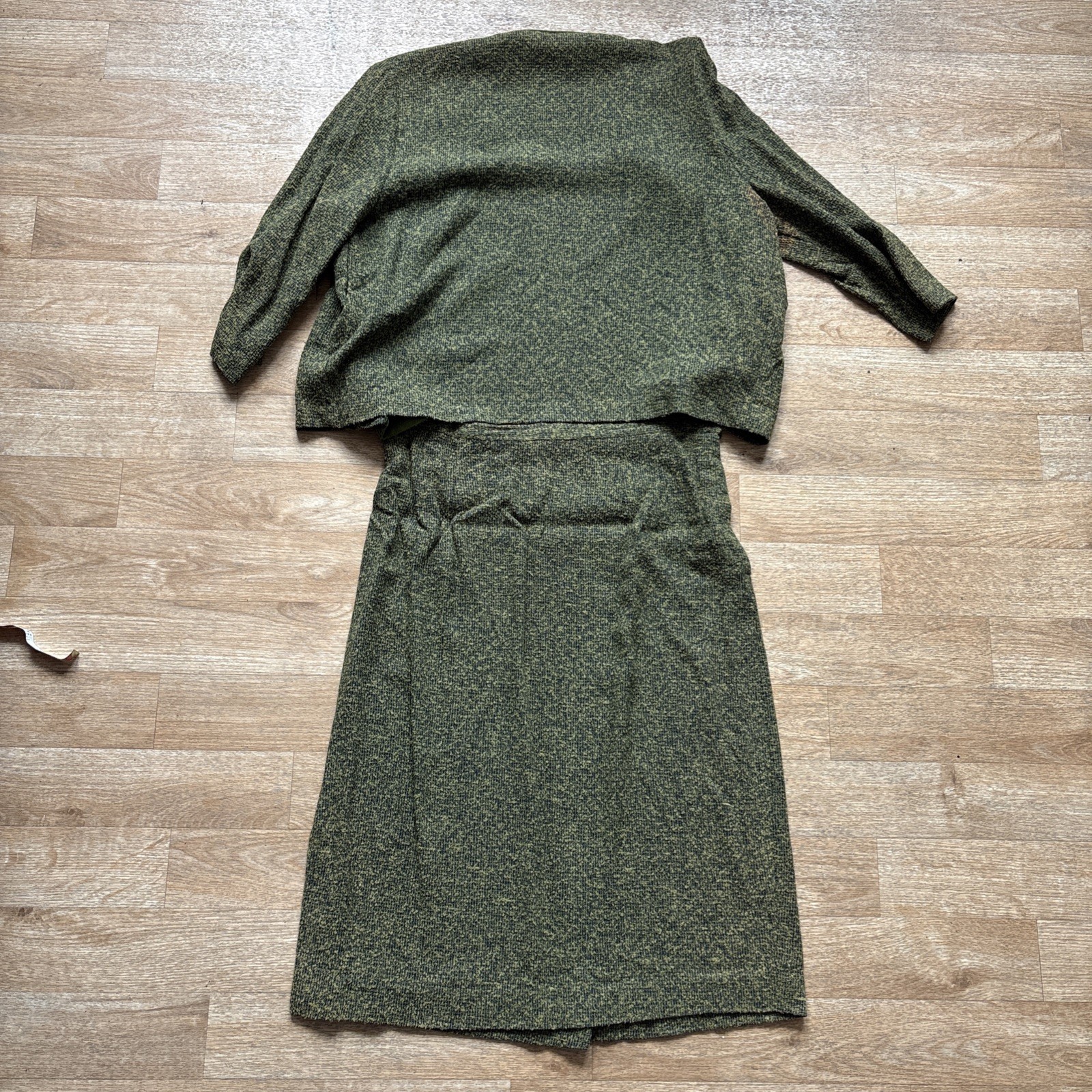 Vintage 1960’s Olive Green Tweed Long Straight Skirt 3 Piece Jacket Blouse M 60s