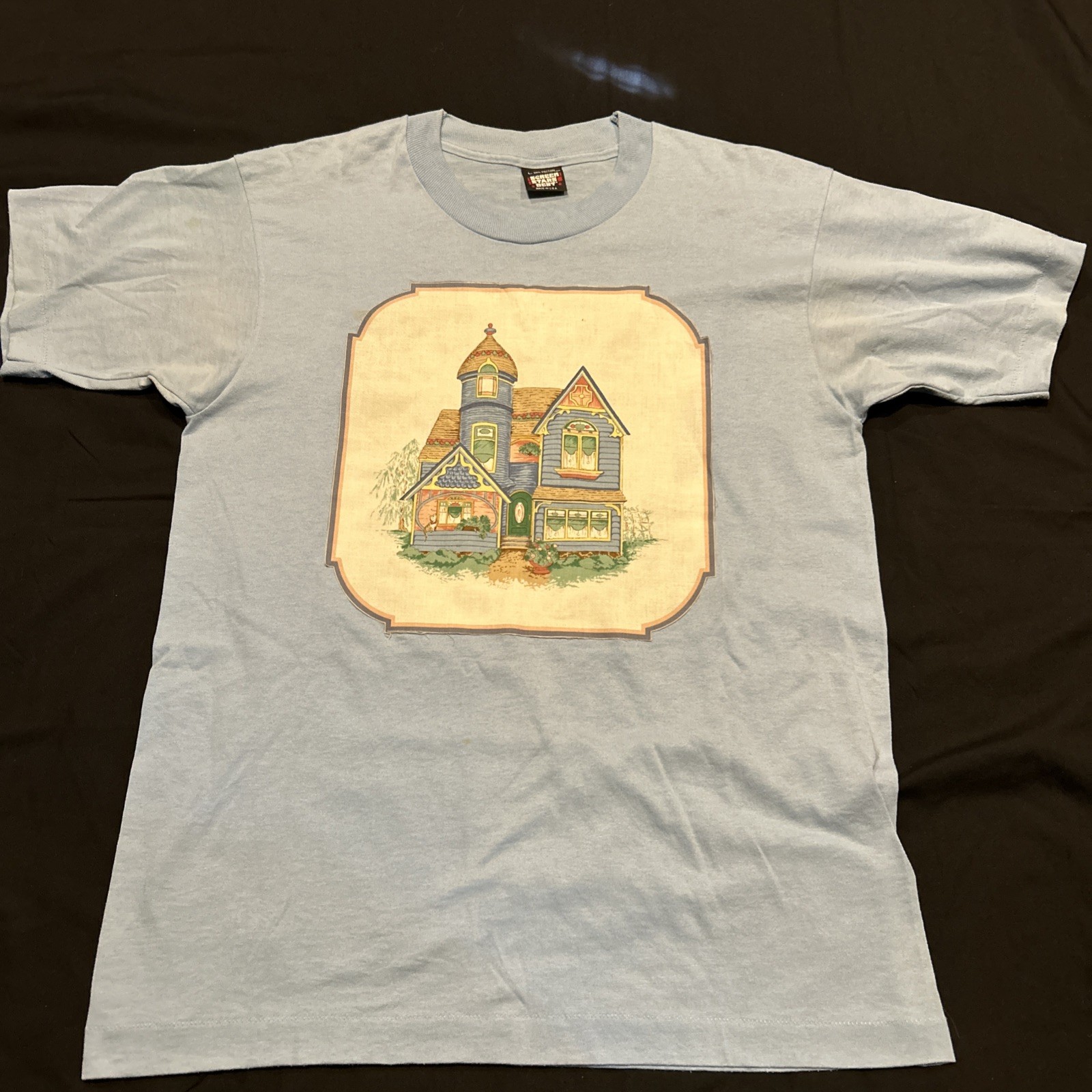 Vintage Womens L T Shirt Blue Iron On Cotton Blend Granny core A23