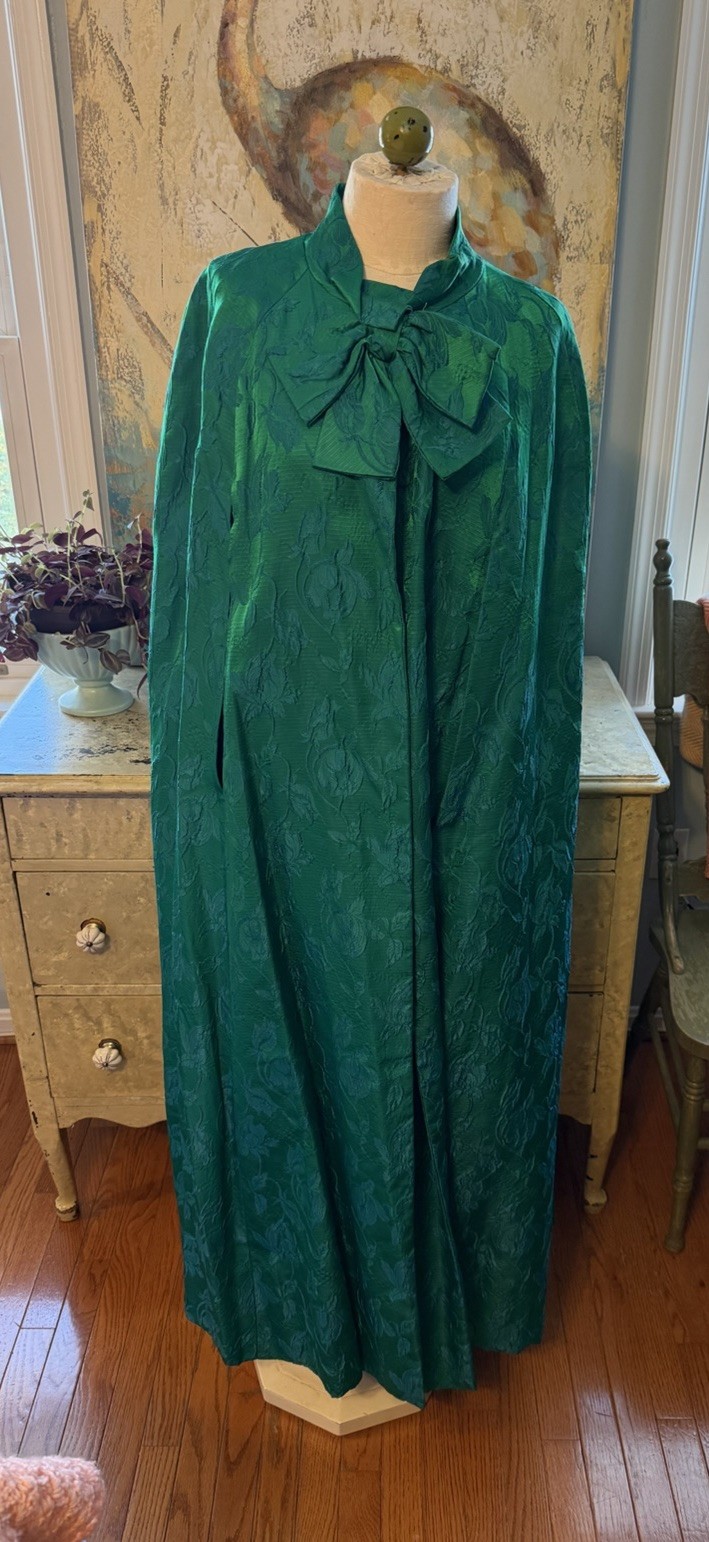 Vintage Custom Tailored Teal Green Blue Jacquard Floral Long Opera Cape-One Size