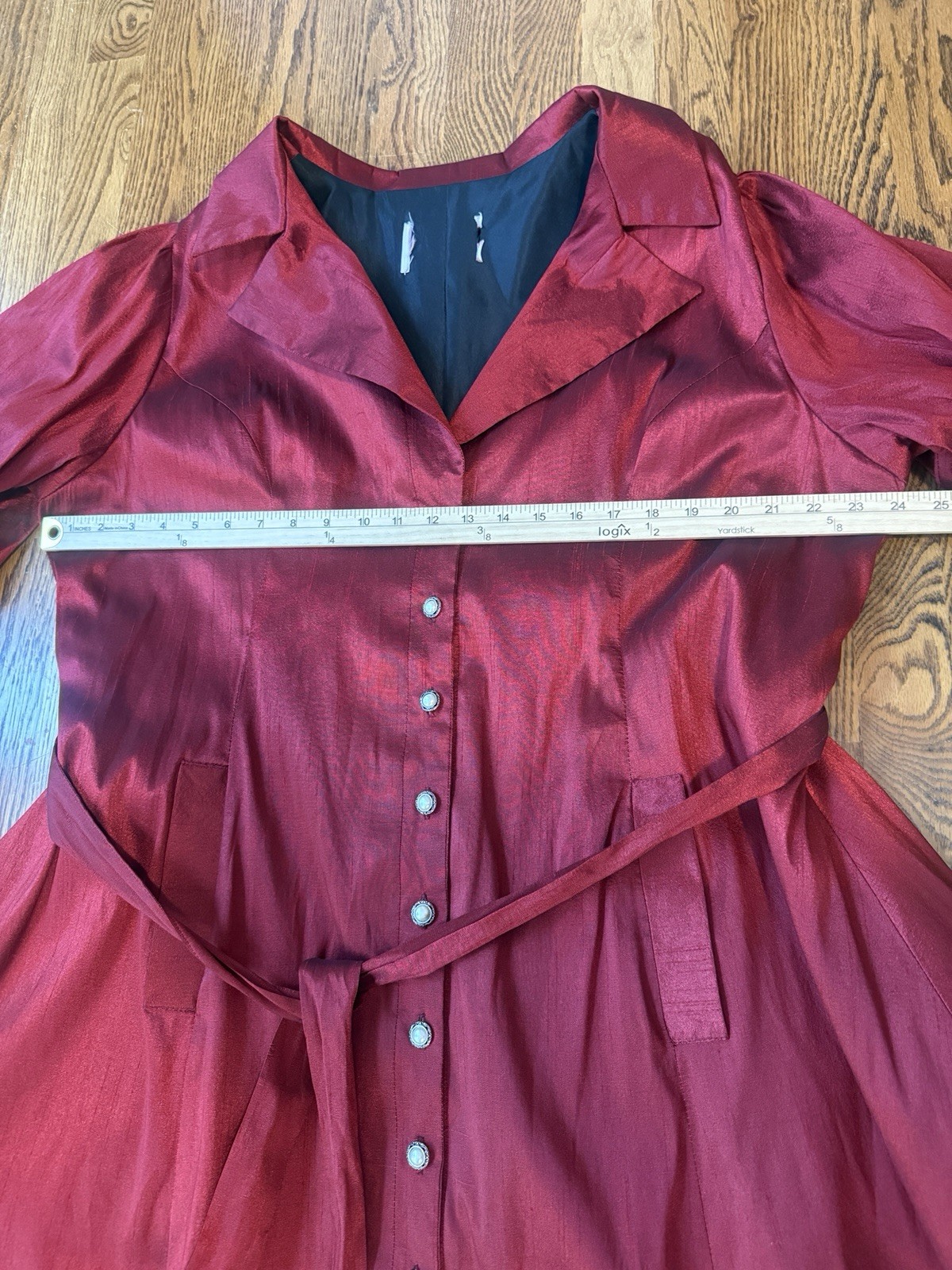 Vintage Wine Buttoned & Belted Portrait-Collar Taffeta Hi Low Dress Sz 2X