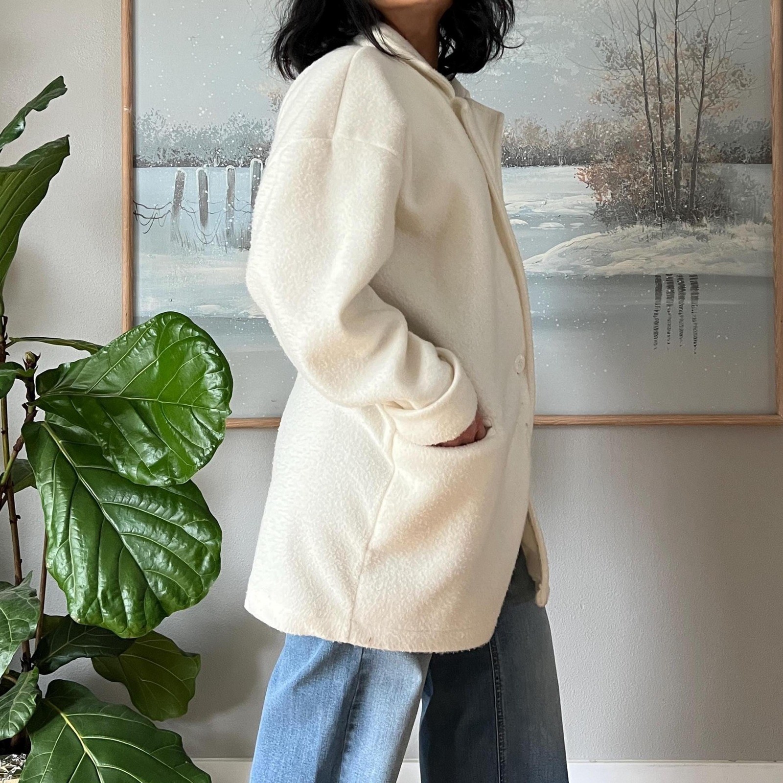 Vintage Cream Fleece Jacket Oversized Minimalist Coat Cozy Neutral 90s