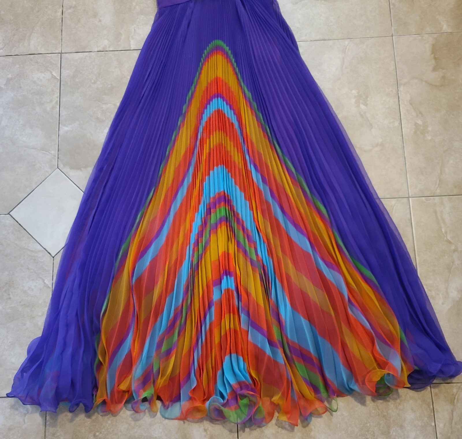 VTG Chiffon Pleated Rainbow Stripe Purple Maxi Dress Ruffle Collar V Neck UV Glo
