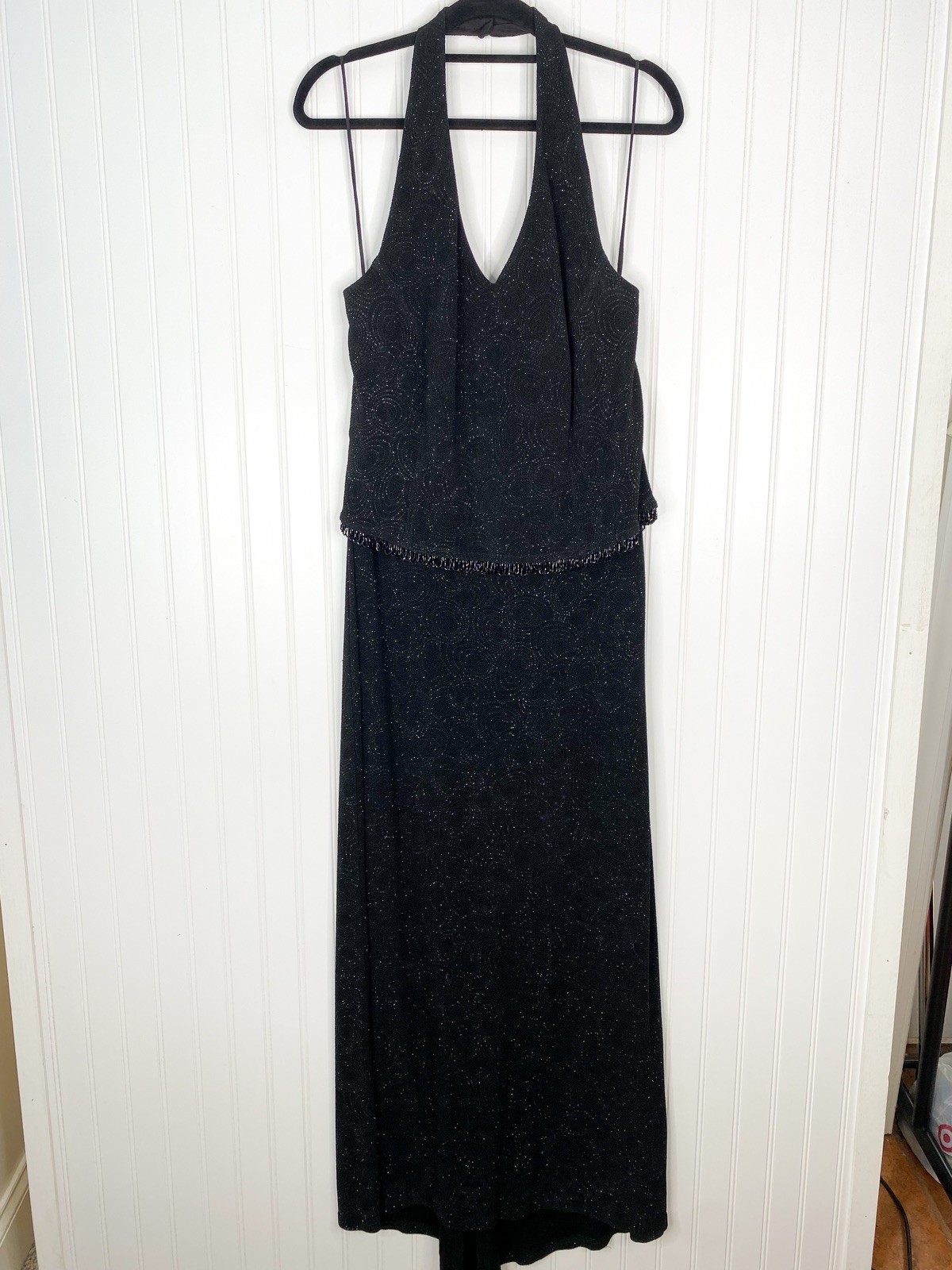 Bari Jay Vintage Sz 16 Black Shimmer Fringe Dress Maxi Formal Prom Beaded
