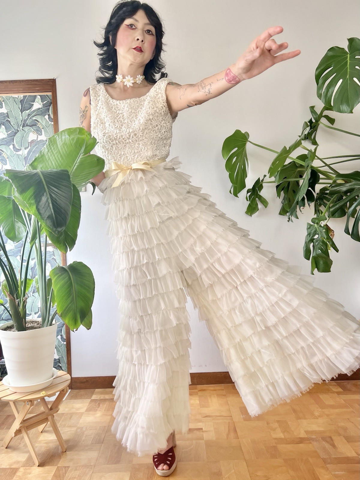 VTG 60s Kadine Lace Palazzo Jumpsuit White Tiered Chiffon Ruffle Mod Bridal S